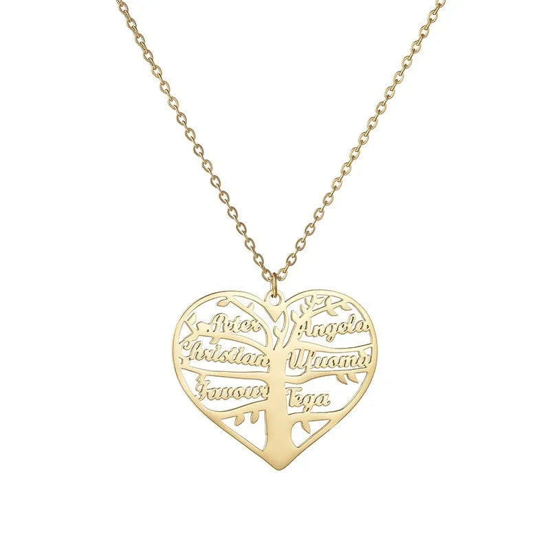 Custom stainless steel name necklace with hollow heart tree pendant in gold, rose gold, or silver on a chain.