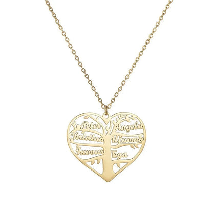 Custom stainless steel name necklace with hollow heart tree pendant in gold, rose gold, or silver on a chain.