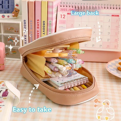 Transparent PVC pencil case with cartoon bear design showing pens inside