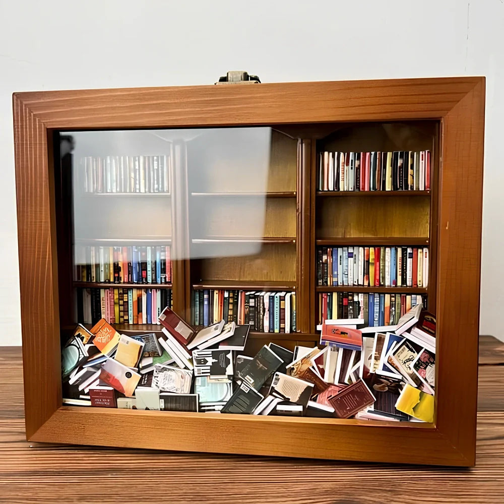 Wooden antique finish bookshelf ornament with 200 small books, 25.4 cm tall for decompression