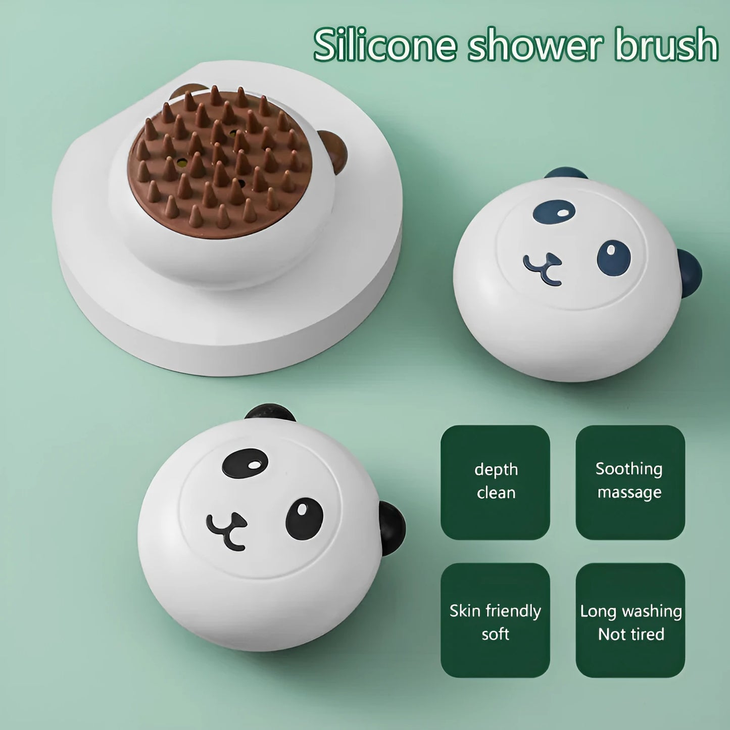 Panda-shaped silicone pet shower brush for cat and dog bathing with soft bristles