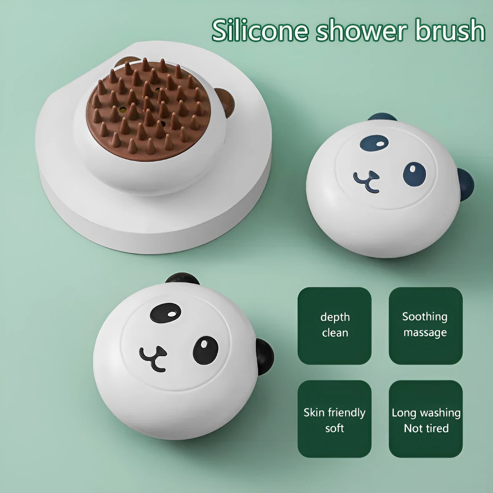 Panda-shaped silicone pet shower brush for cat and dog bathing with soft bristles