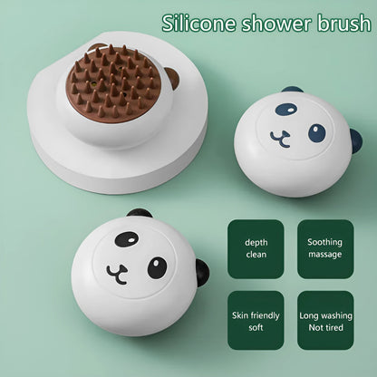 Panda-shaped silicone pet shower brush for cat and dog bathing with soft bristles