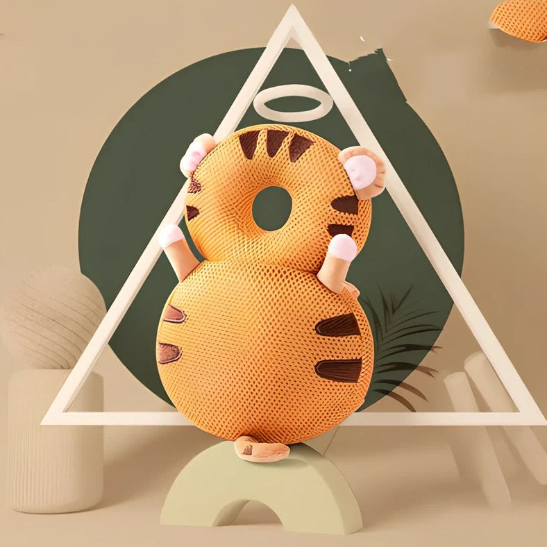 Toddler head protection pad with animal character design showing 33cm by 19cm dimensions
