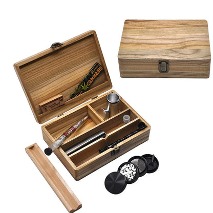 Wooden smoking set kit with khaki finish and 205mm storage box containing complete tool collection