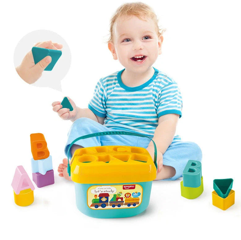 Six-sided plastic cube with shape matching slots for children's educational development