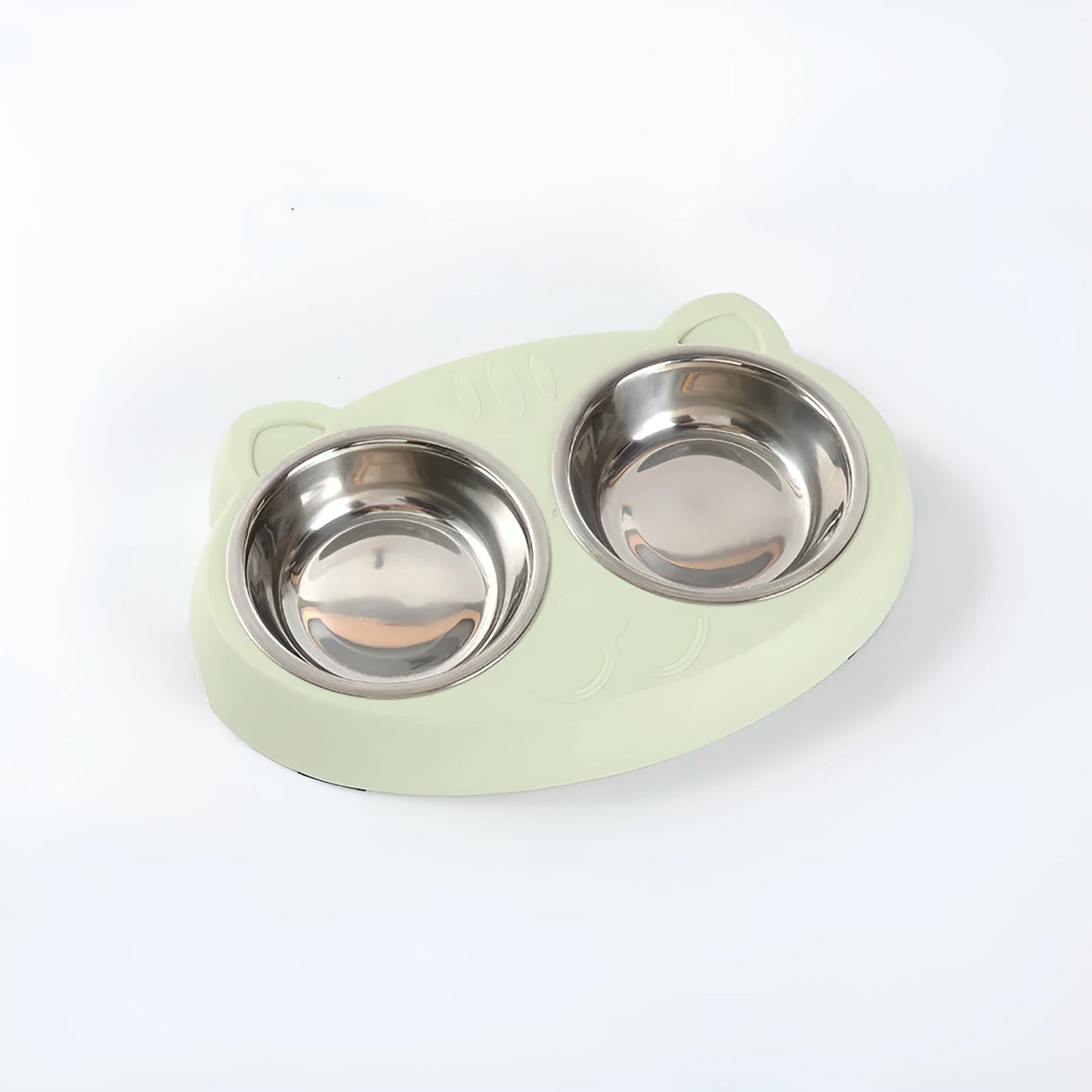 Blue plastic pet feeder tray with two adjacent bowls for cat or dog food and water