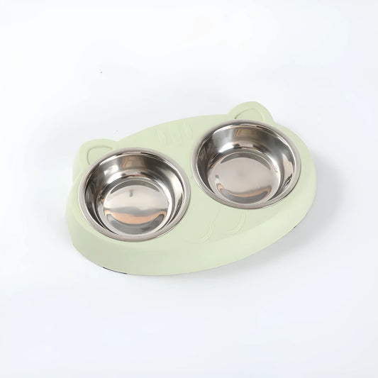 Blue plastic pet feeder tray with two adjacent bowls for cat or dog food and water