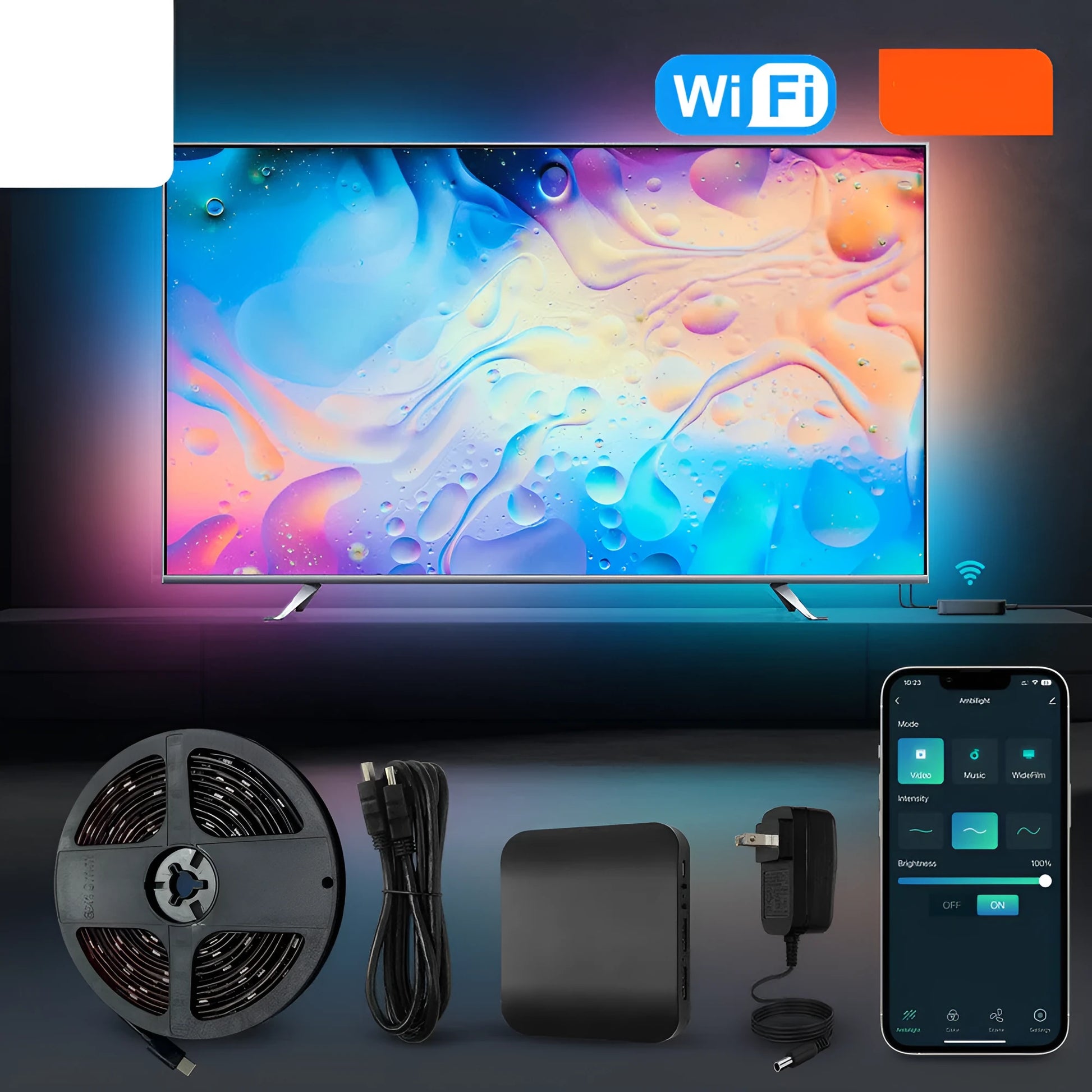 Smart app-controlled LED light strip mounted behind a television for backlighting.