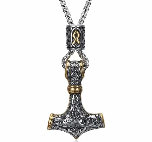 Nordic Vikings Hammer Rune Pendant Necklace for men in stainless steel and titanium steel