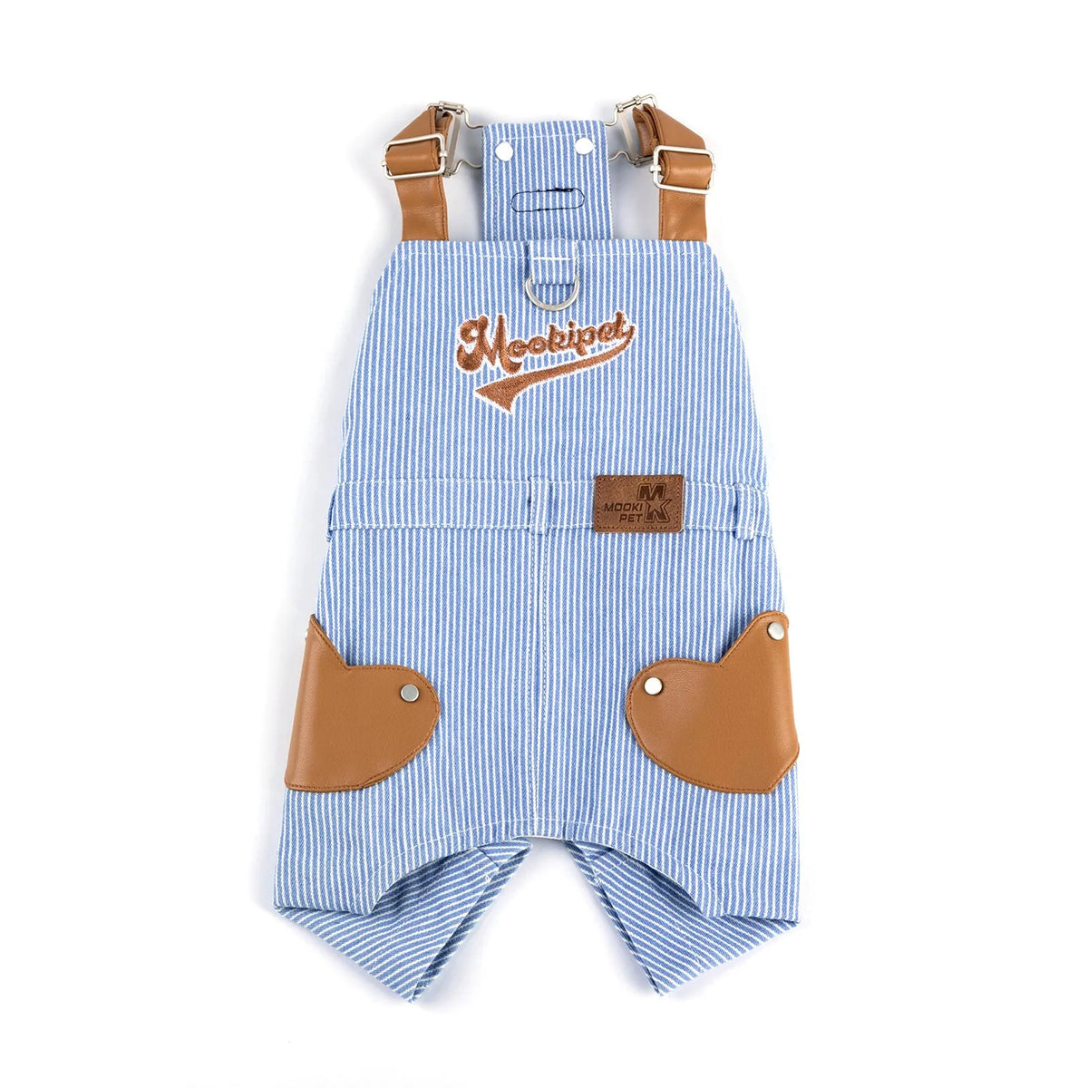 Blue polyester denim-style suspender pants for small dogs, available in sizes XXS to 2XL