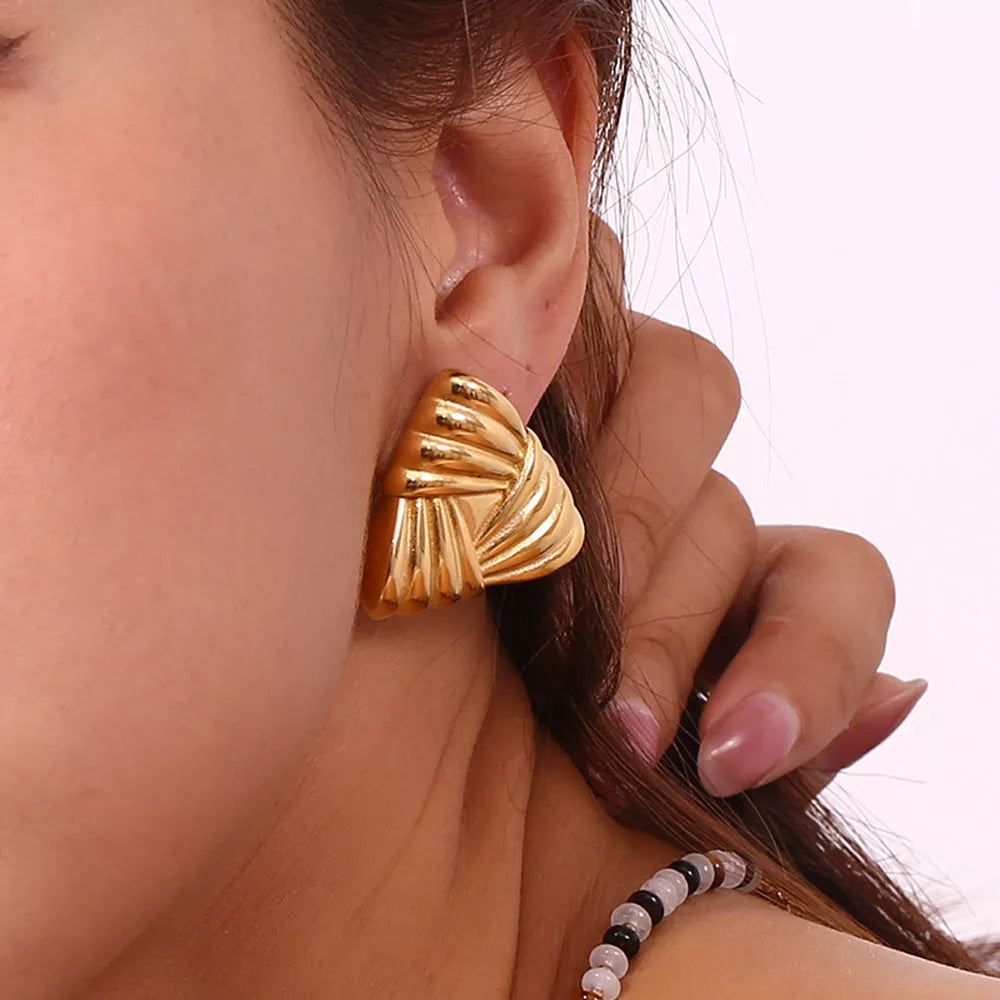 18K gold triangular stud earrings with retro design for women