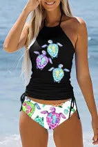 Colourful conservative women's swimsuit with cartoon printing and split brief design