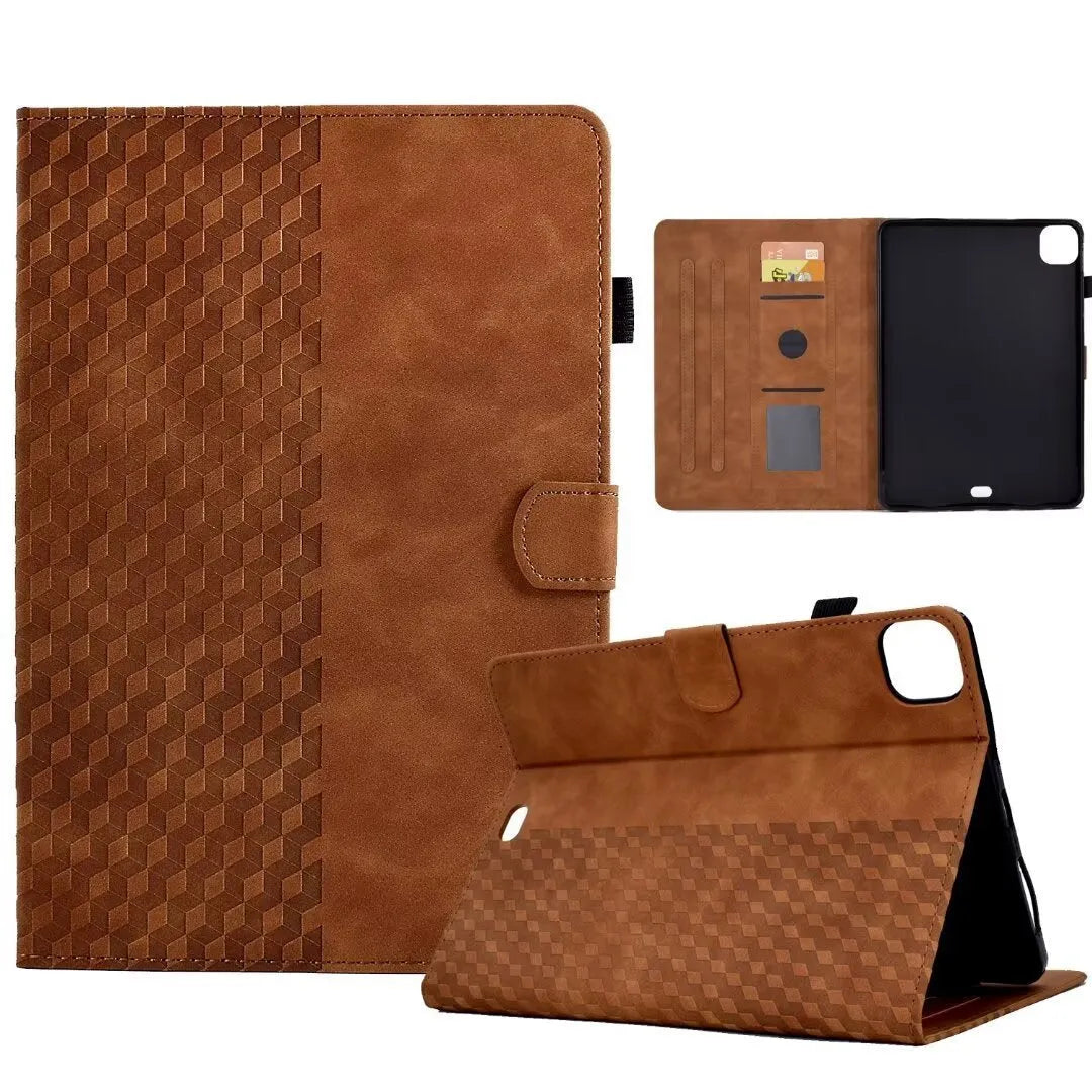 Diamond frosted leather iPad Pro 11 case with built-in card holder slots shown open.