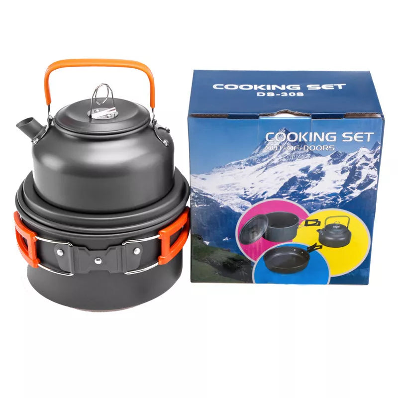 Outdoor Jacketed Kettle Camping Tableware Set in Orange, Black, or Green