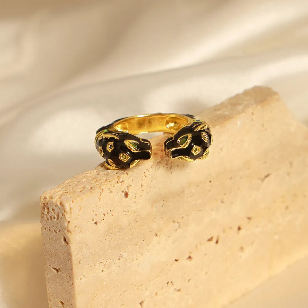 Women's black cheetah open ring with oil dripping design on copper in size 7