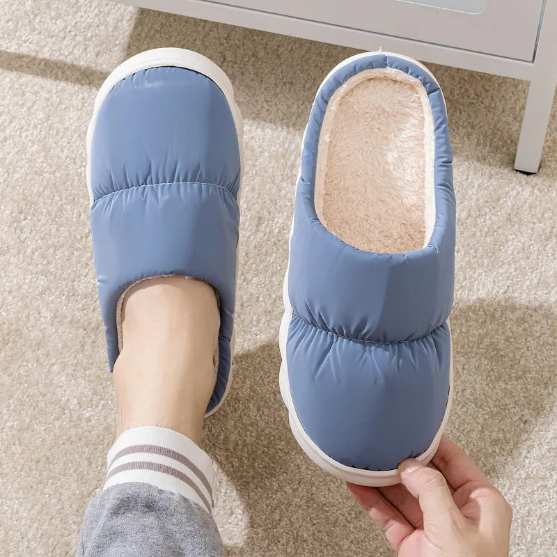 Down cotton slippers with artificial leather upper and rubber anti-slip sole in blue colour