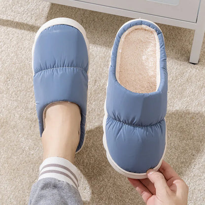 Down cotton slippers with artificial leather upper and rubber anti-slip sole in blue colour