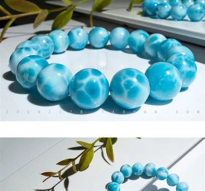 Blue bodhi bracelet with pearl accents showing bead sizes from 6mm to 14mm in Maillard style design