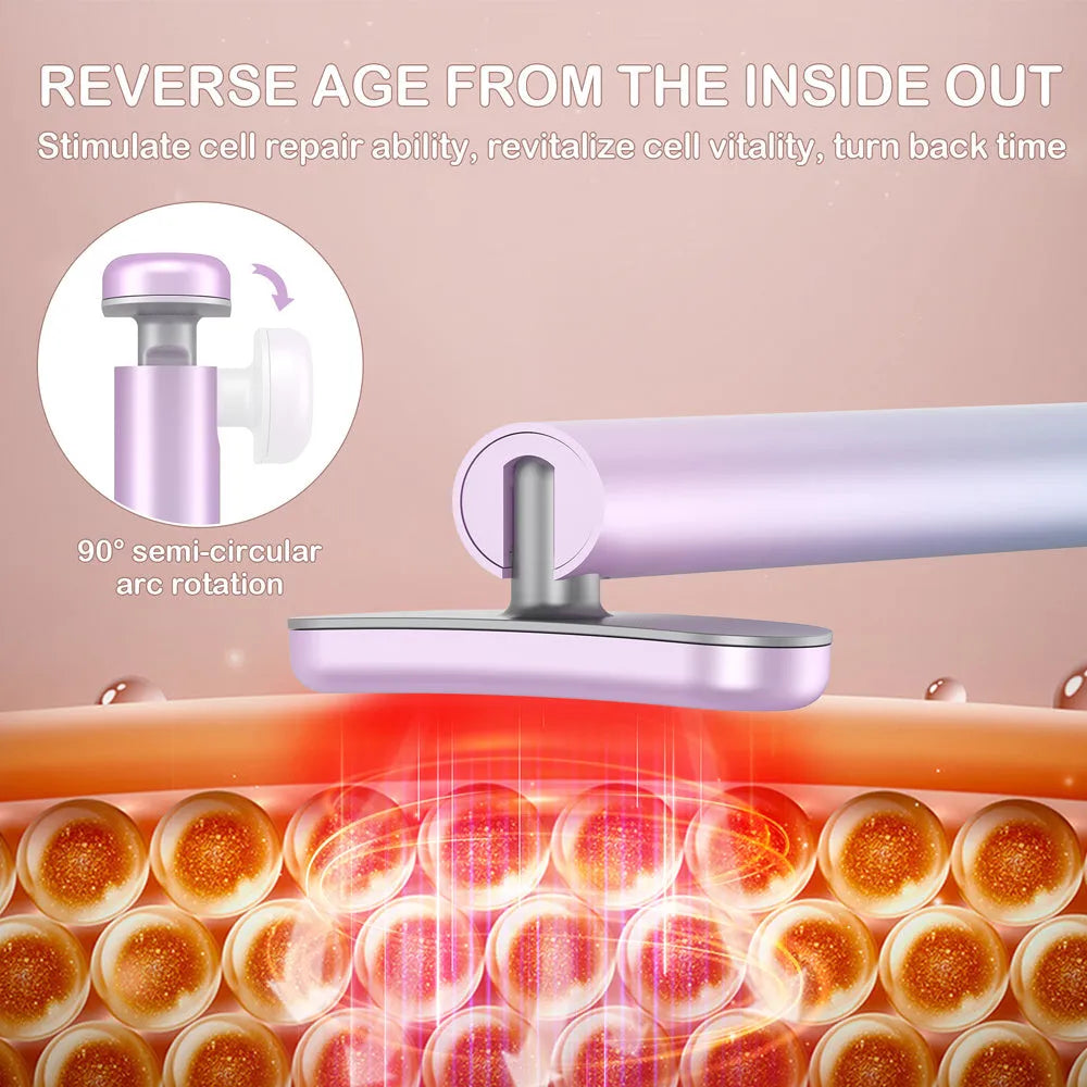 Wand face and neck massager with rotatable 90 degree head, EMS micro-current, vibration and LED red light