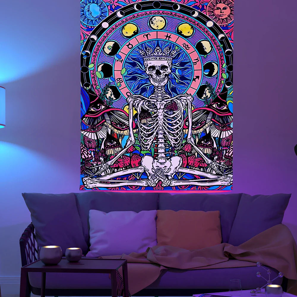 Fluorescent luminous polyester tapestry with psychedelic machine-woven patterns glowing under UV light