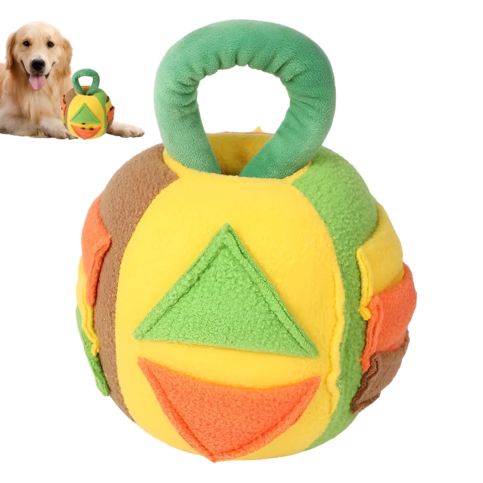 Pink and green squeaky plush ball dog toy with treat pockets for interactive play