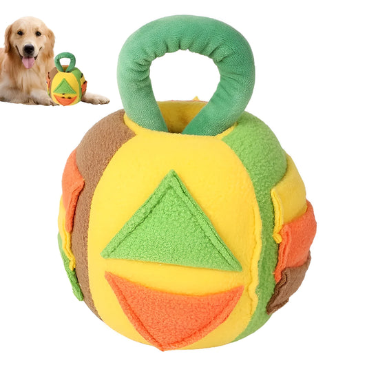 Pink and green squeaky plush ball dog toy with treat pockets for interactive play