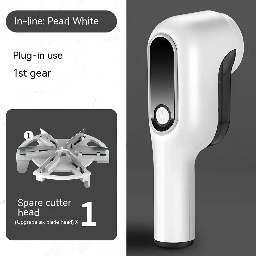 Rechargeable green lint trimmer removing fabric balls from wool jumper, digital display showing speed, 15 cm size with spare blades