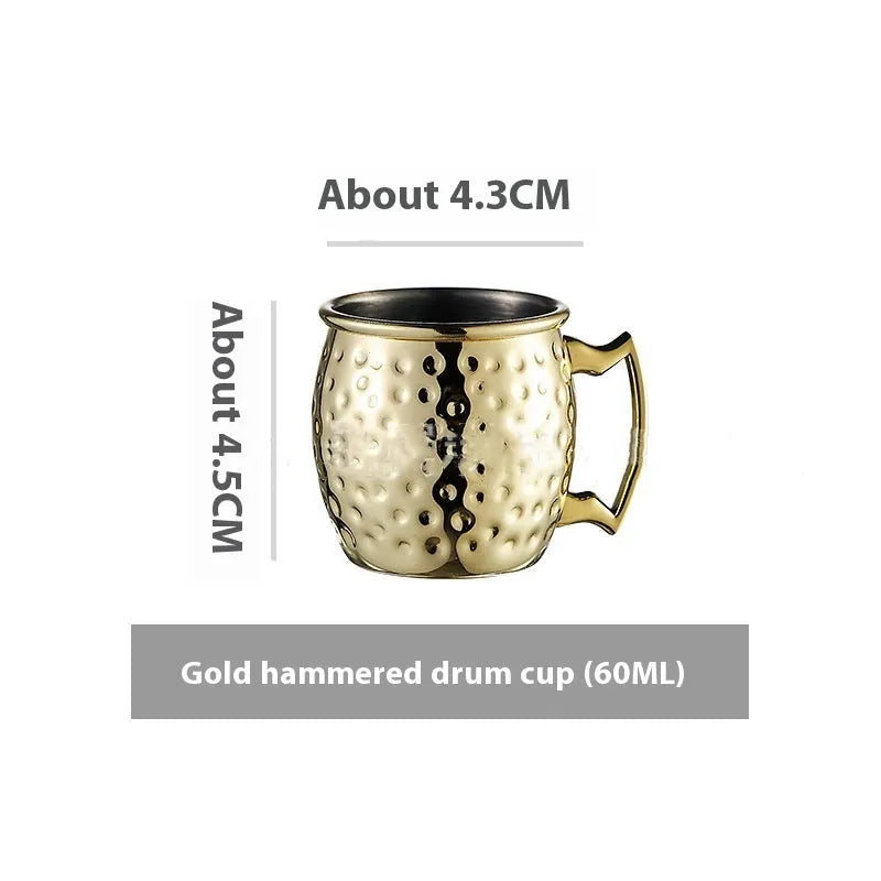 Stainless steel Moscow Mule cup with copper interior in gold, rose gold, silver, or black finish.