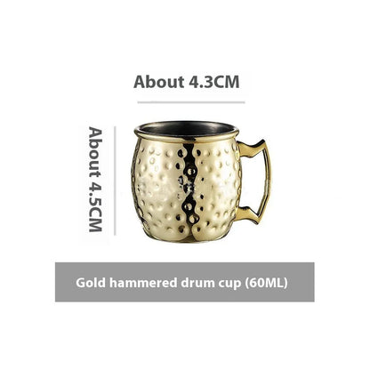 Stainless steel Moscow Mule cup with copper interior in gold, rose gold, silver, or black finish.