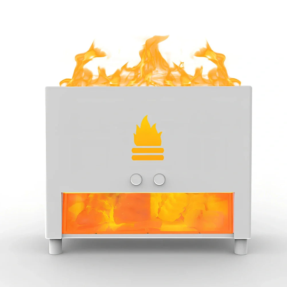 Square white flame effect humidifier with USB power cable on kitchen countertop