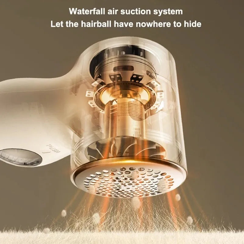 White electric lint remover with LED display showing fabric shaver dimensions 126x73x68mm