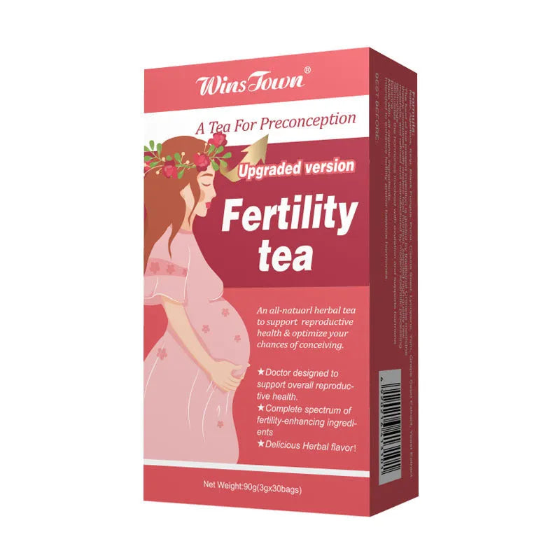 Box of fertility tea containing 330 individual bags organised into 3 packets of 30