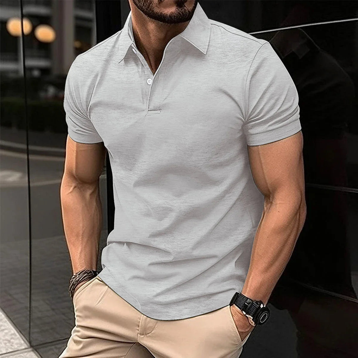 Men's casual short sleeve cotton polo shirt in a variety of solid colors