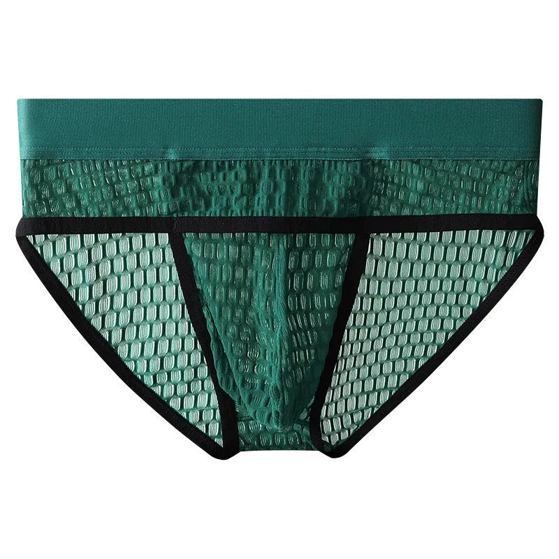 Men's lace-trimmed briefs in white with U pouch design and mid-rise waistband