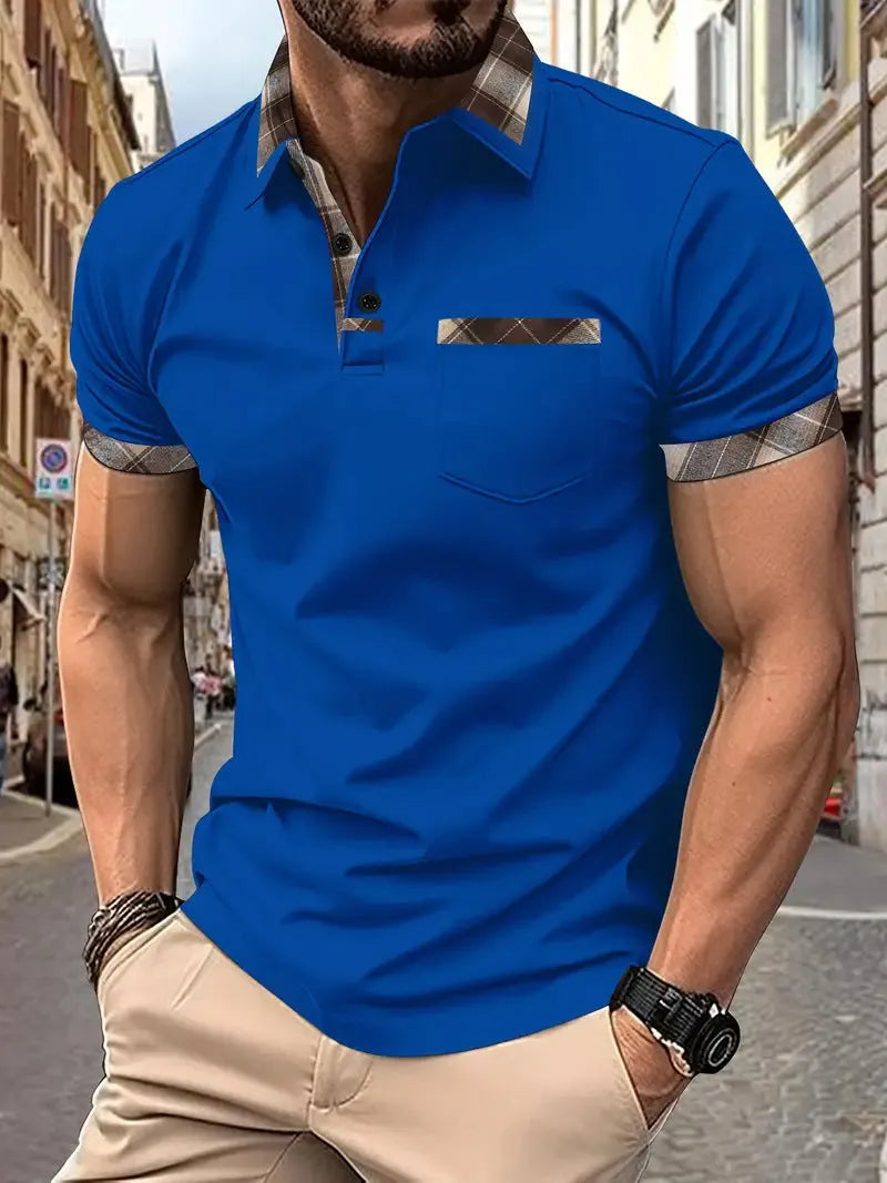 Men's short sleeve plaid colourblock t-shirt with zipper decoration in various colours and sizes
