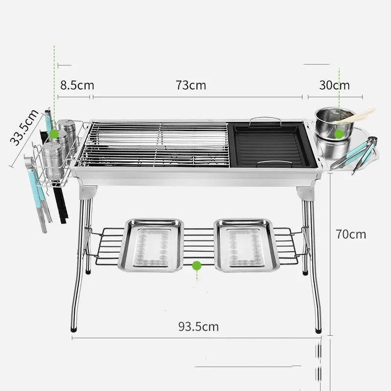 Stainless steel portable folding barbecue oven with 73cm wide grill surface for outdoor cooking