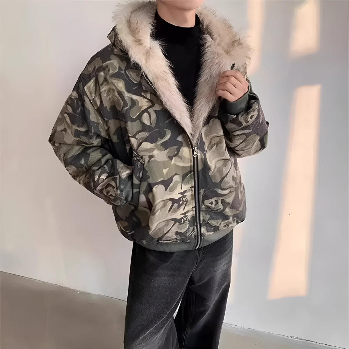 Men's retro washed camouflage hooded jacket with fur collar, thickened cotton coat, loose fit, sizes S to XXXL