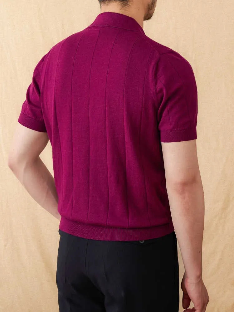 Cotton and linen knitted short sleeve polo top with seagull collar and sunken stripe pattern
