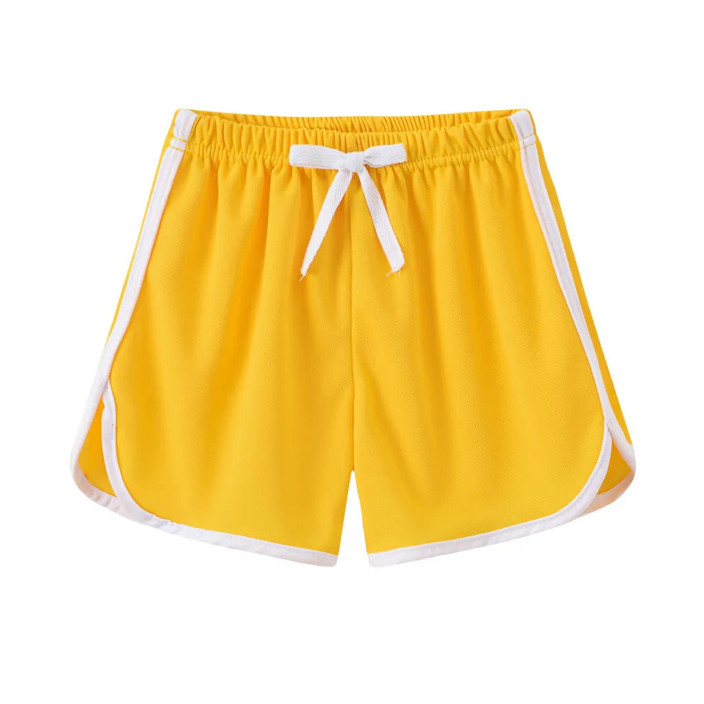 Children's polyester beach shorts in multiple colours and patterns, including leopard print and stripes, shown on size chart.