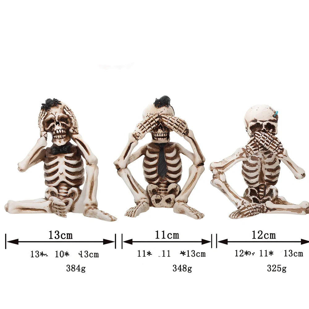Resin Halloween three-piece set featuring ghost, skeleton don't listen, and don't look figures, 10-15 cm tall in photo colour