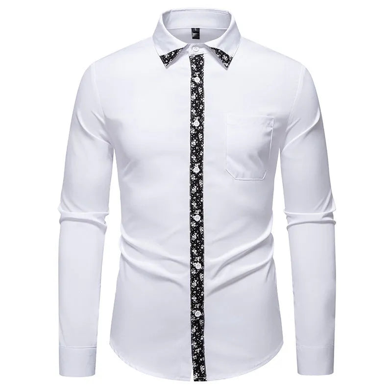 Men's long sleeve polyester shirt in white or black with slim fit and colour block cardigan-style design
