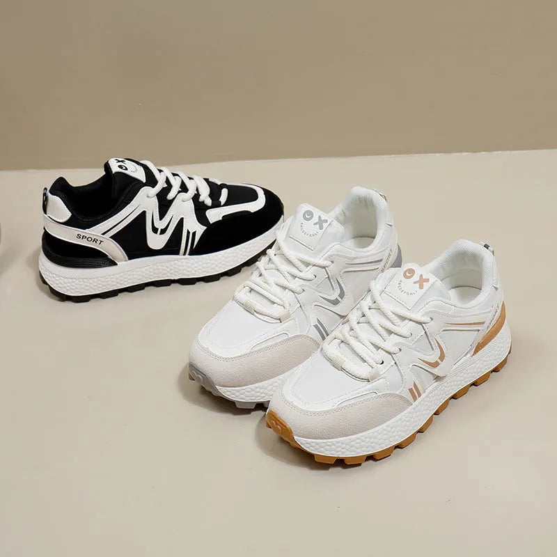 Women's solid colour platform sports casual shoes with flat heel and front lace-up.