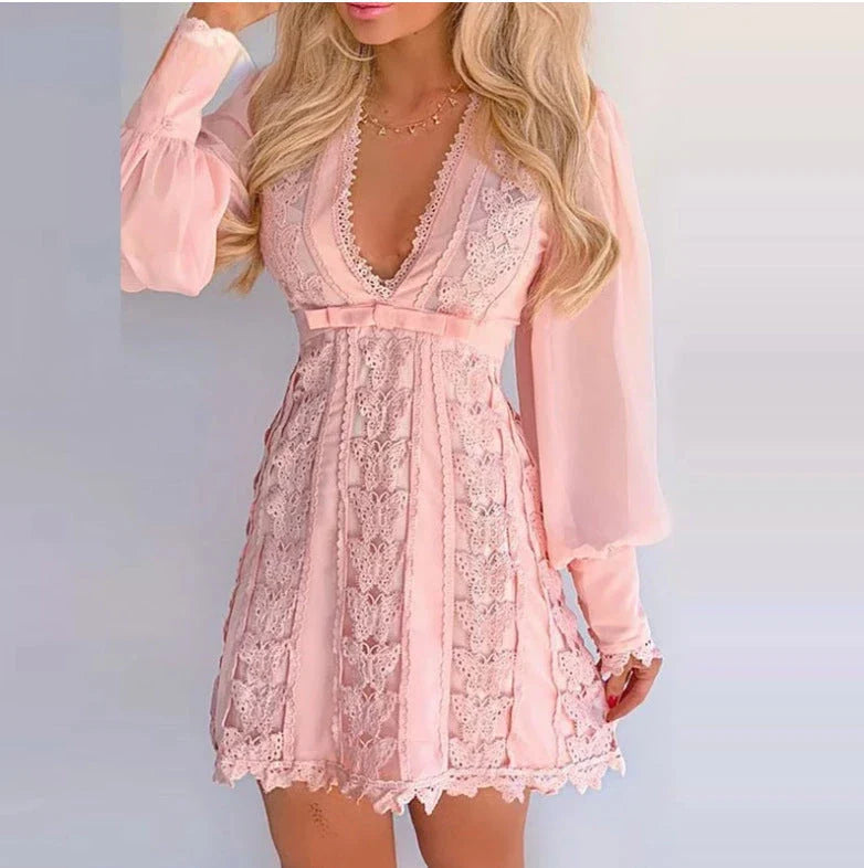 Elegant white dress with sexy V-neck, lace details, and puff sleeves for women