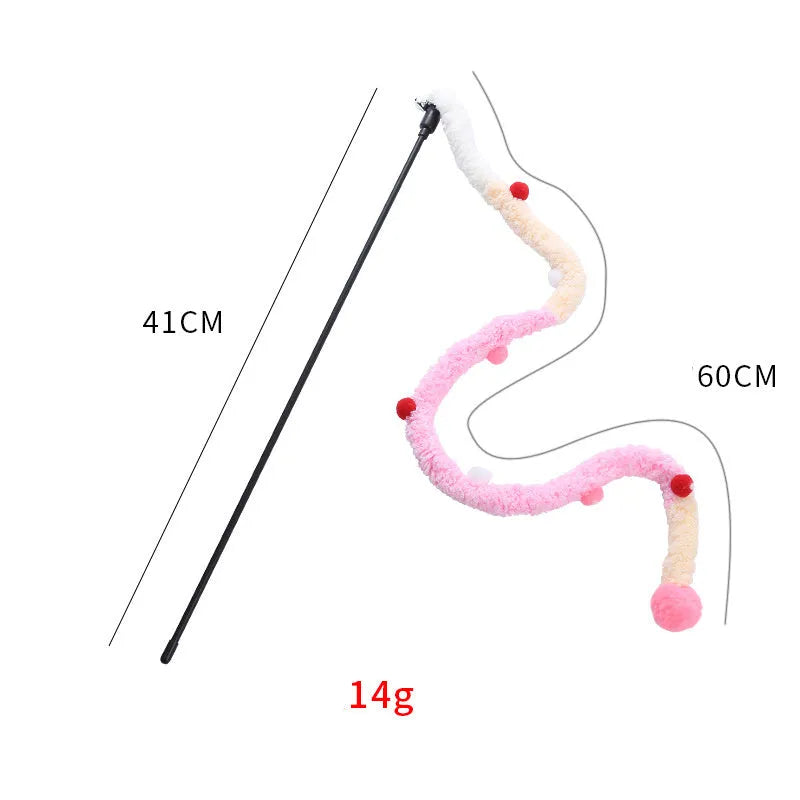 Blue interactive cat wand toy with a long plush strip, fluffy ball, and bell on a 41cm pole.