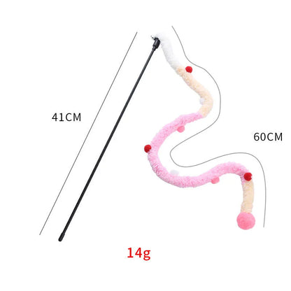 Blue interactive cat wand toy with a long plush strip, fluffy ball, and bell on a 41cm pole.