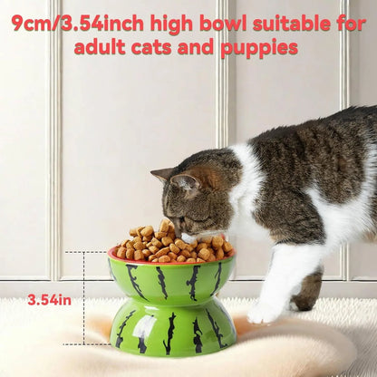 Ceramic raised cat bowl with tilted design in fruit pattern colours