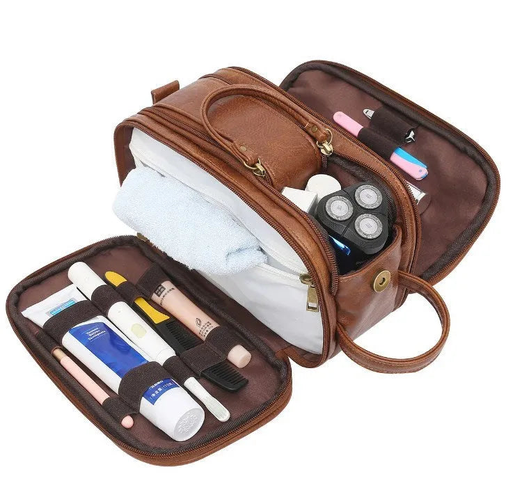Men's black Pu toiletry bag with zippered closure for travel storage