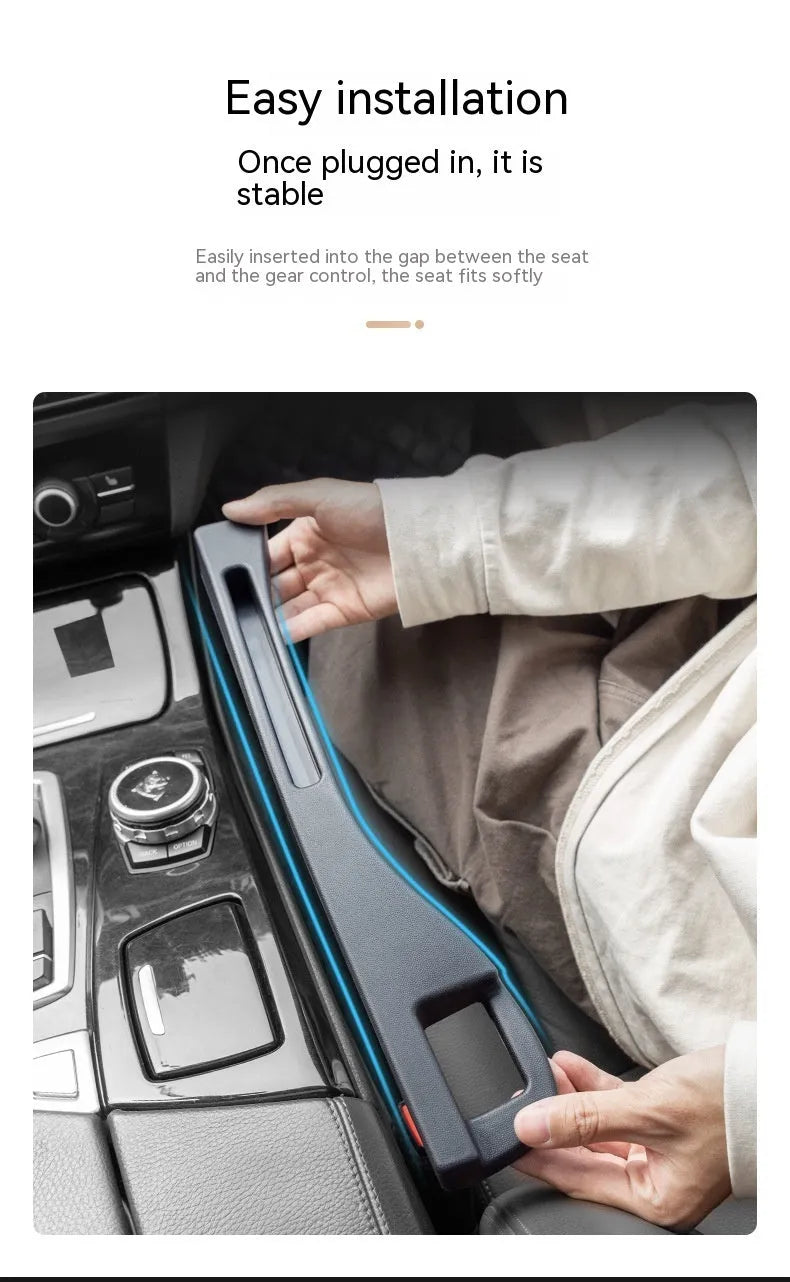 Black car seat gap storage box organiser pocket placed between vehicle seat and centre console