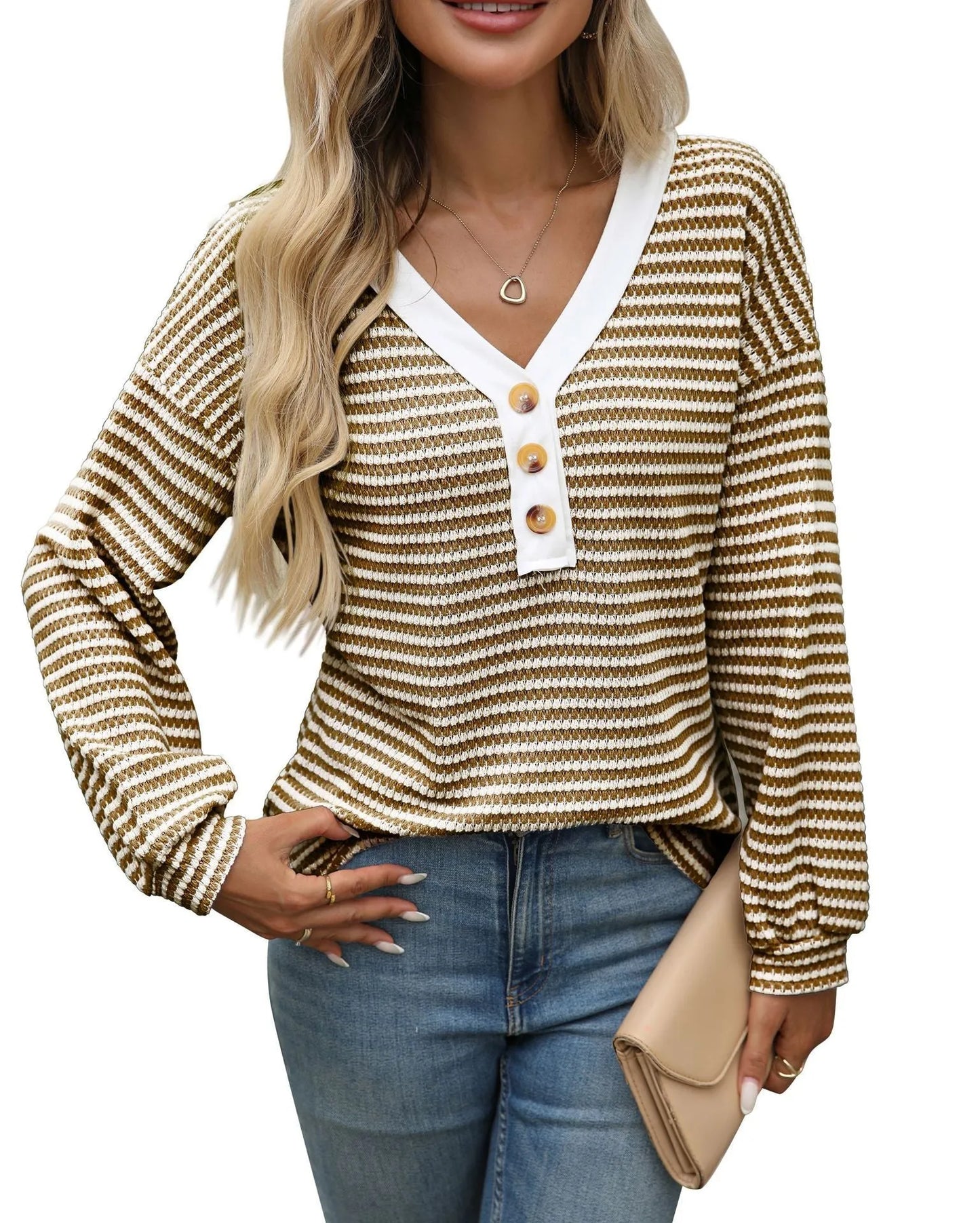 Women's loose fit V-neck patchwork pullover top in polyester knit fabric